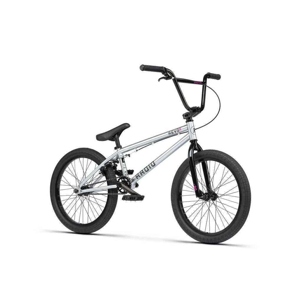 The Radio Revo Pro 20 Inch Bike in silver features black handlebars, seat, and tires, displayed from the side against a white background.
