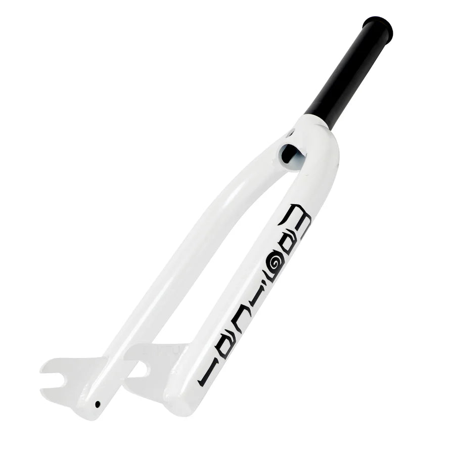 White Snafu Magical Forks BMX with a reinforced chromoly steerer tube and black head tube, featuring the "Rapture" logo on the side.