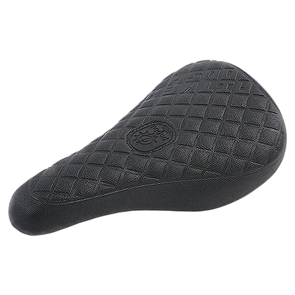 The Odyssey Aitken Pivotal Seat features a black, textured diamond-patterned surface and a round center logo—blending classic BMX style with Mike Aitken’s signature design.