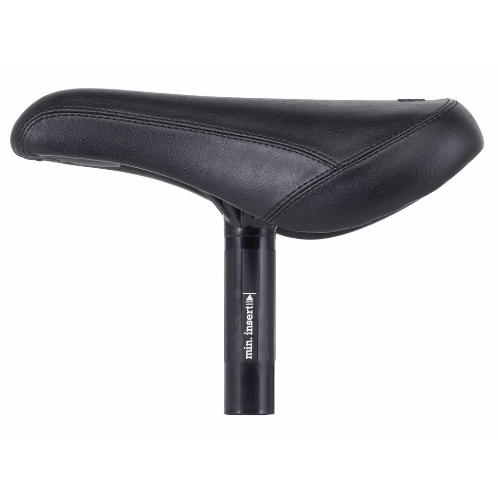 The Eclat Unify Fat Padded Combo Seat is a black padded bike seat with a stitched leather cover, attached to a 25.4mm seat post marked "min. insert.