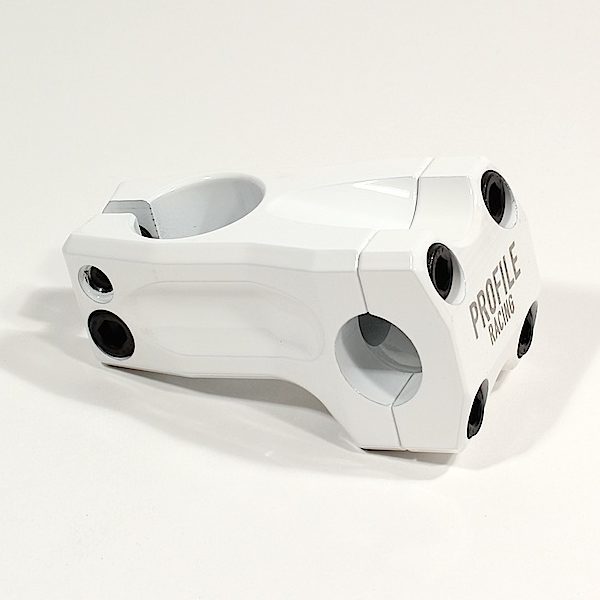 The Profile Acoustic Stem from Profile Racing is a white metal front load stem with "PROFILE RACING" branding and four bolt holes on each end, shown against a plain white background.