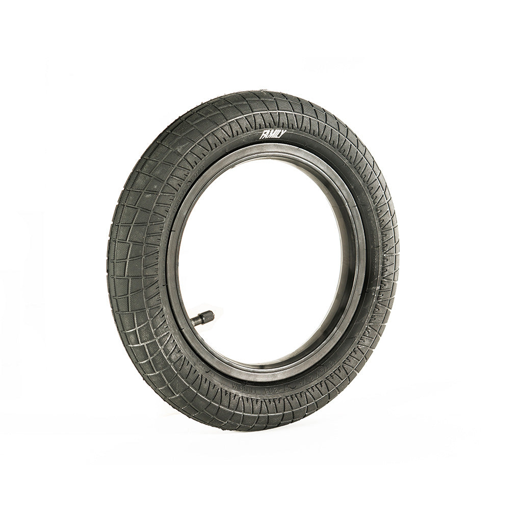 A black Family BMX F2128 12 Inch Tyre with the keywords "riding" and "BMX" on a white background.