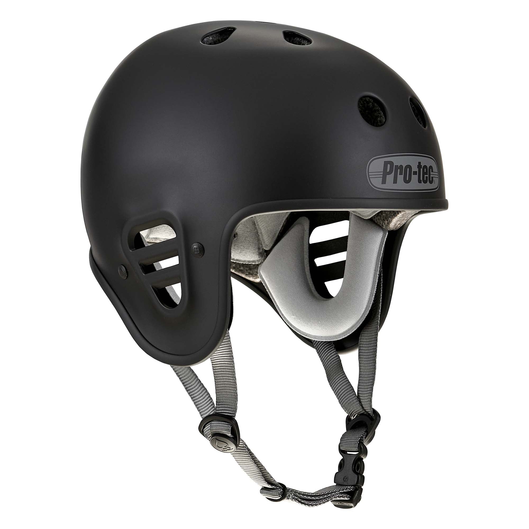 Matte black Protec Full Cut Helmet/Bicycle Union Signature with ventilation holes, padded interior, and adjustable chin strap. The Pro-Tec logo is visible on the side, and its high-impact ABS shell ensures durability and protection for action sports.
