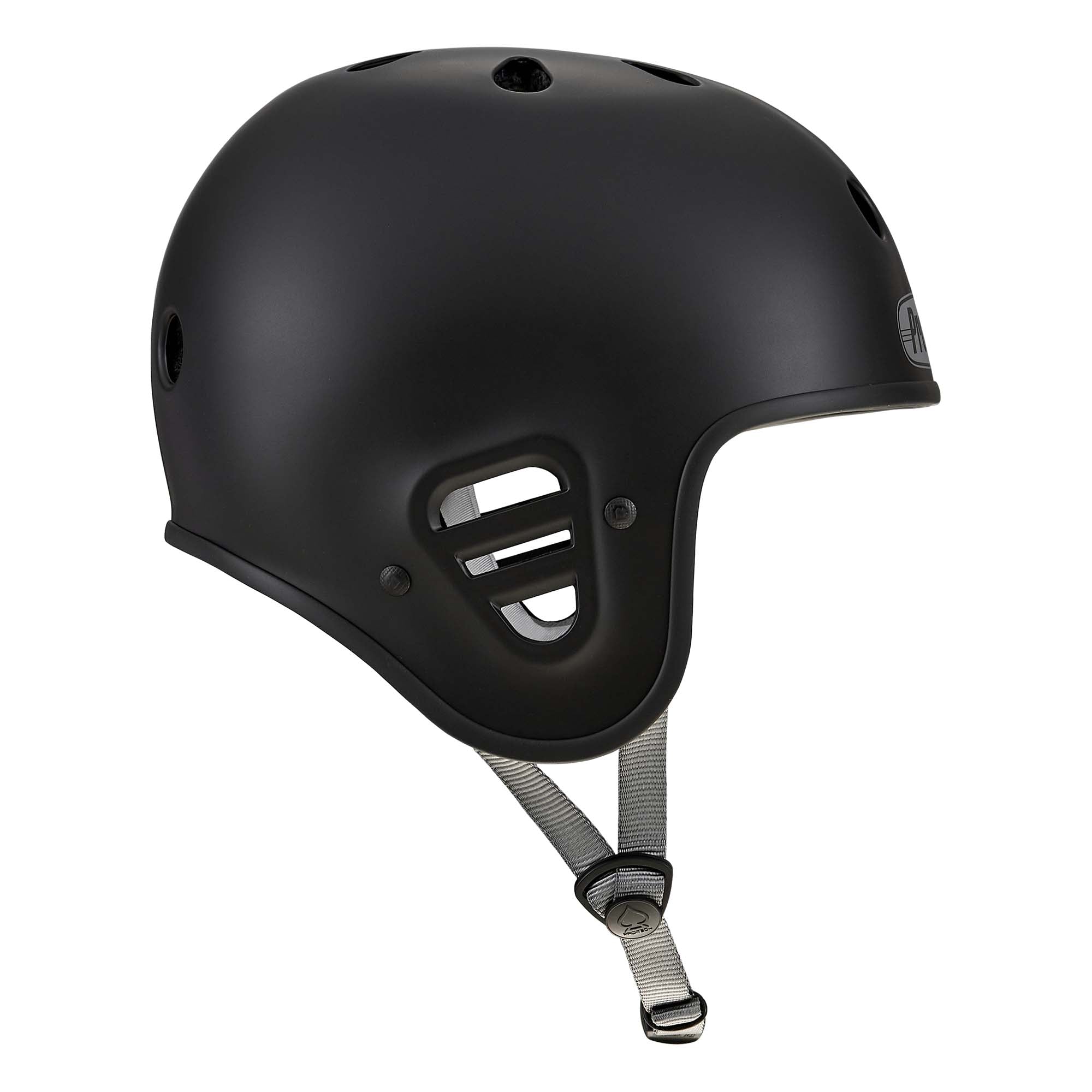 Matte black Protec Full Cut Helmet / Bicycle Union Signature with ventilation holes and an adjustable gray chin strap, featuring a high-impact ABS shell, shown in a side view against a white background.