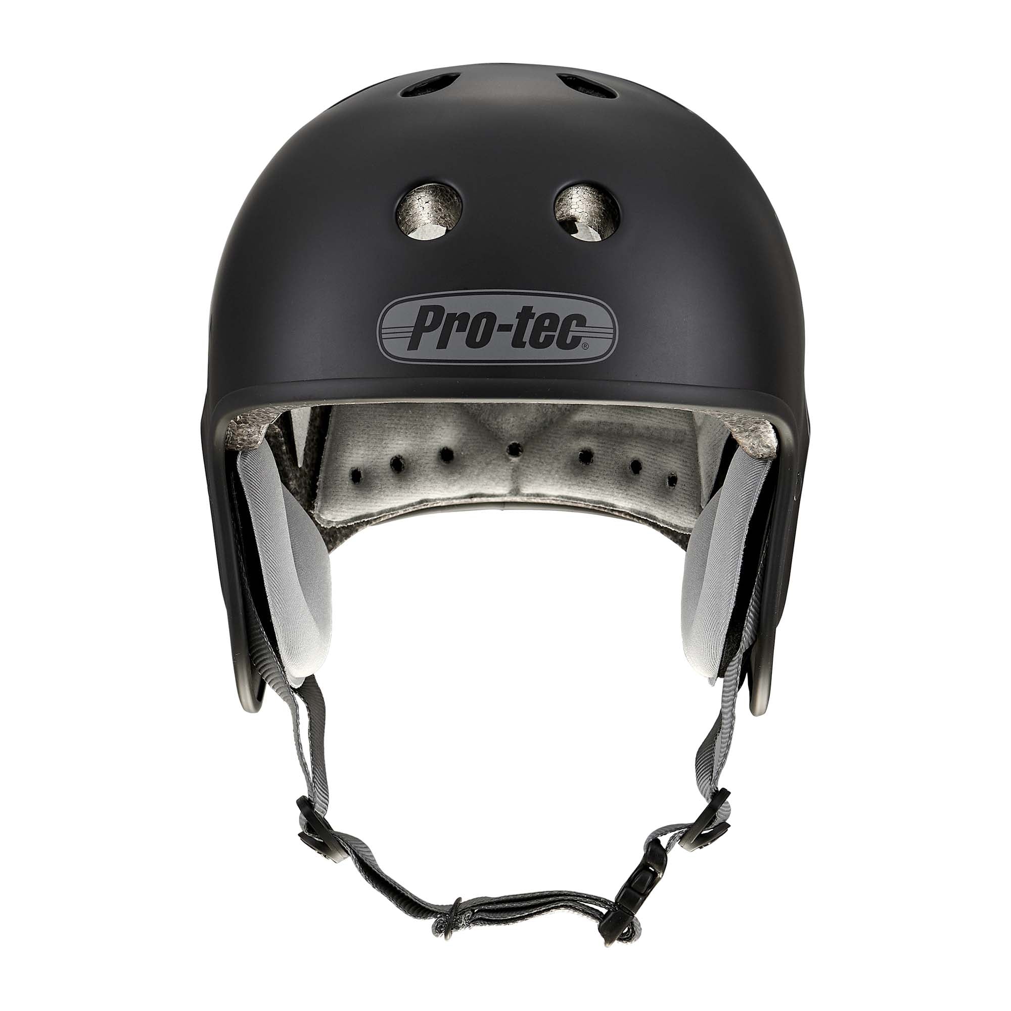 A matte black Protec Full Cut Helmet / Bicycle Union Signature is shown from the front, featuring a high-impact ABS shell, ventilation holes, interior padding, and an adjustable chin strap—ideal for anyone seeking a reliable action sports helmet.