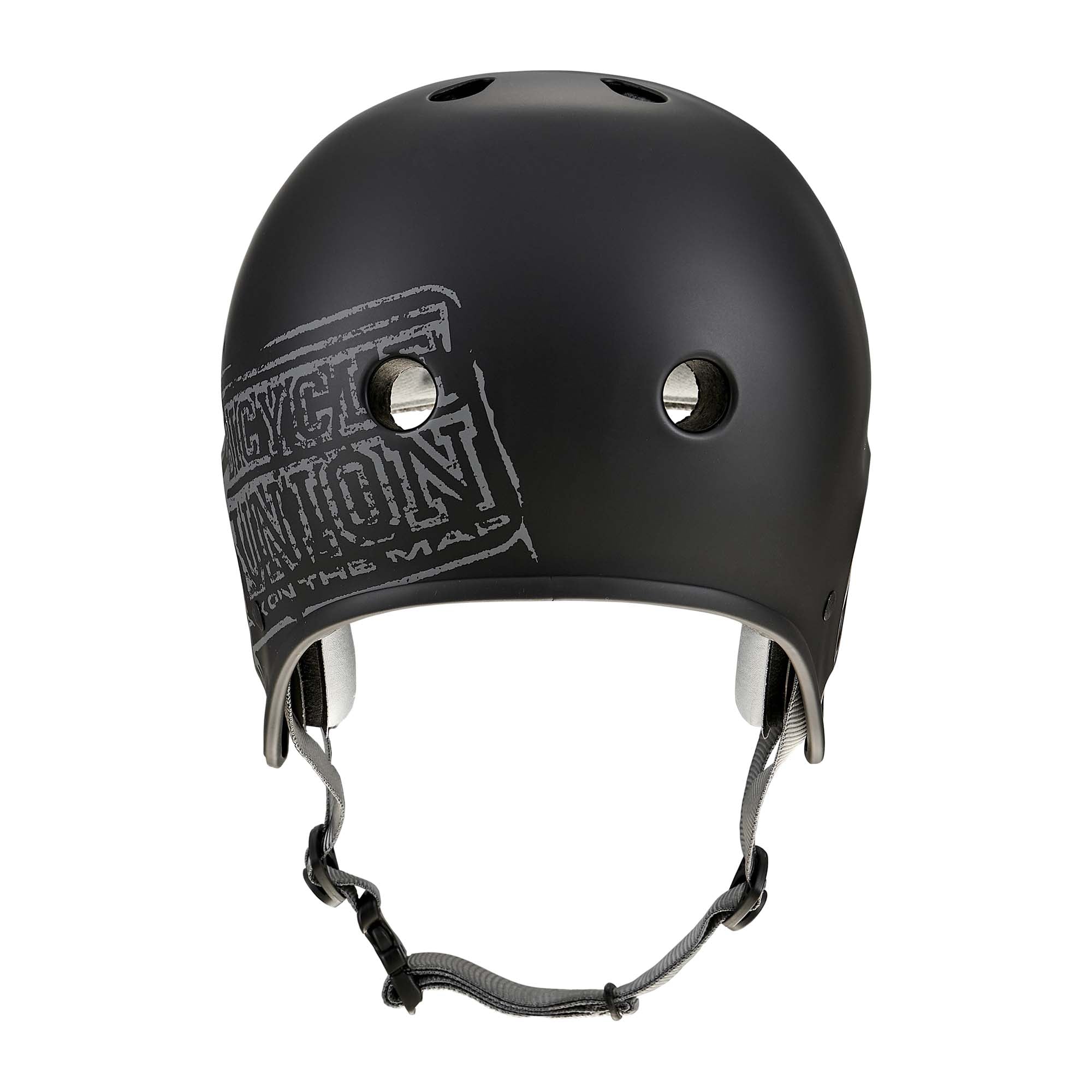 Introducing the Protec Full Cut Helmet / Bicycle Union Signature: a matte black action sports helmet featuring ventilation holes, a secure chin strap, and a distinctive gray "Bicycle Union" graphic logo on the side. Inspired by the iconic Pro-Tec Full Cut design, this helmet boasts a high-impact ABS shell for outstanding protection and durability while you ride.
