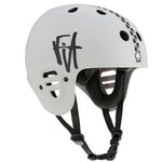 Fit Bike Signature Light Grey Pro-Tec Full Cut helmet featuring black straps, ventilation holes, a checkerboard stripe, and a stylized “FIT” logo on the side. Constructed from high-impact ABS for reliable protection during every session.