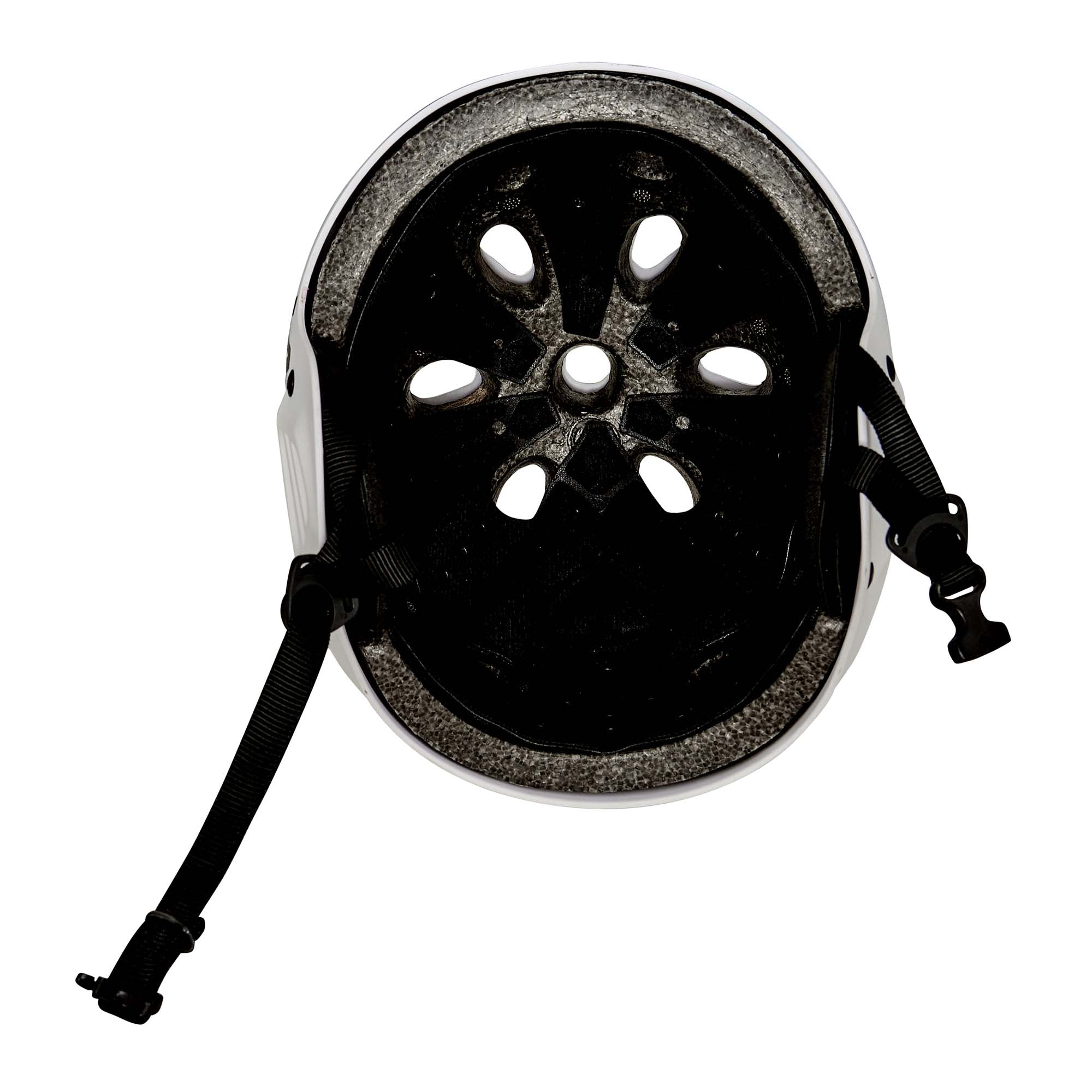 The Protec Full Cut Helmet / Fit Bike Signature Light Grey is pictured from the inside, featuring black padding, ventilation holes, and an adjustable chin strap. Constructed with high-impact ABS for superior durability, this helmet delivers reliable protection and comfort for your action sports adventures.