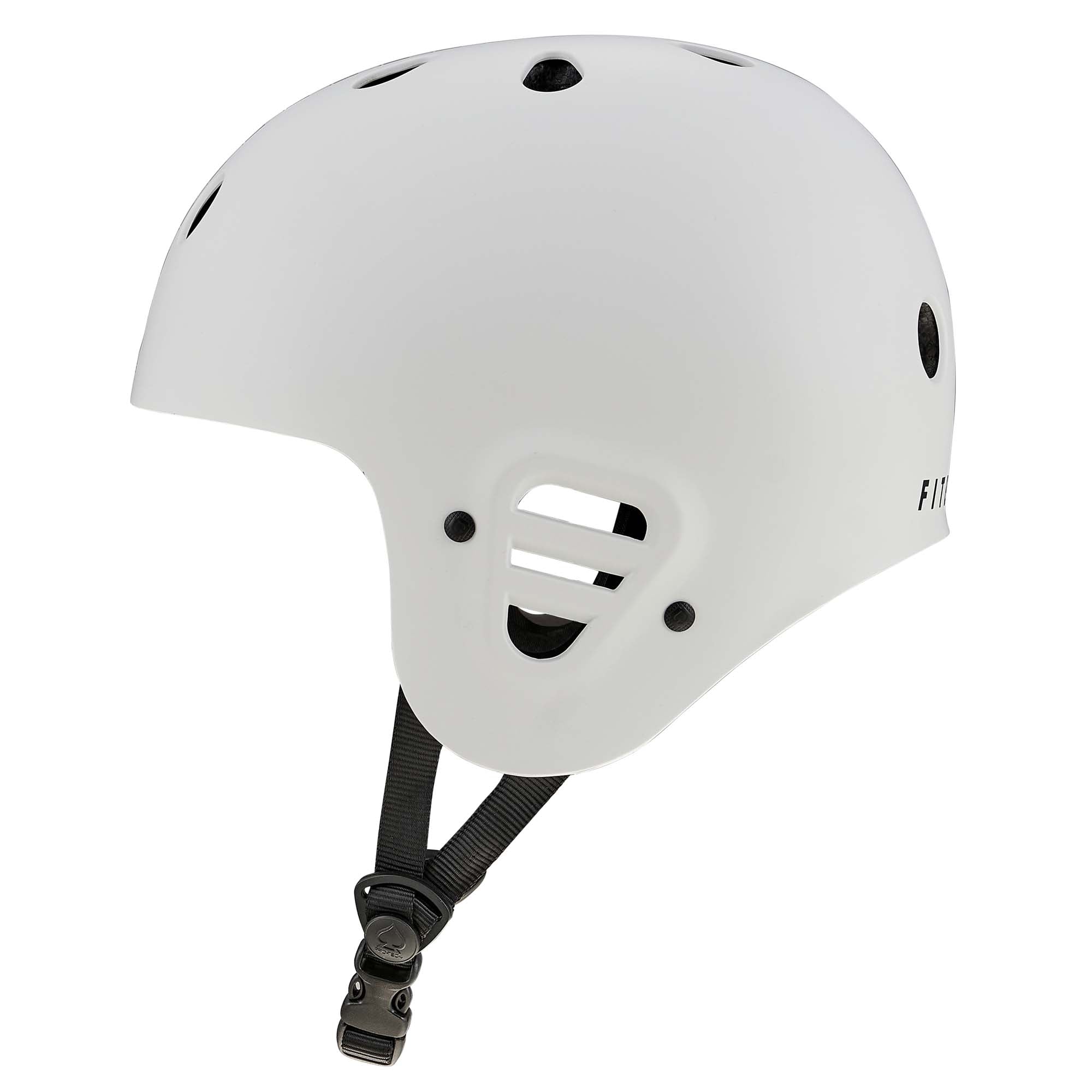 The Protec Full Cut Helmet / Fit Bike Signature Light Grey is an action sports helmet featuring ventilation holes, an adjustable black chin strap, and a high-impact ABS shell for superior protection.