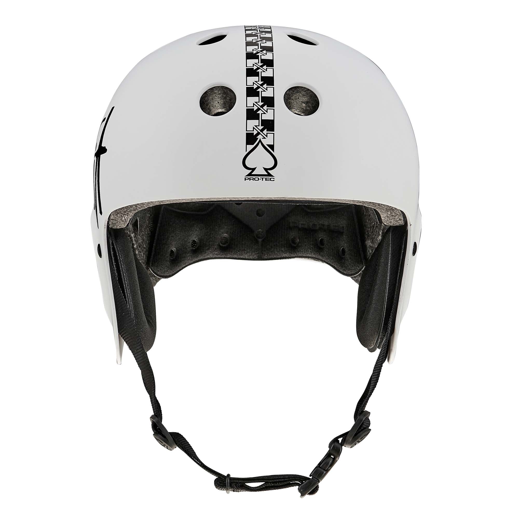 Protec Full Cut Helmet / Fit Bike Signature Light Grey action sports helmet featuring a high-impact ABS shell, black interior padding, adjustable chin strap, and a vertical black spade and star design running down the center from front to back.
