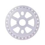 The cult-dak-guard-sprocket features six spokes, evenly spaced teeth, and is made from tough 7075-T6 aluminium with a sleek silver finish.