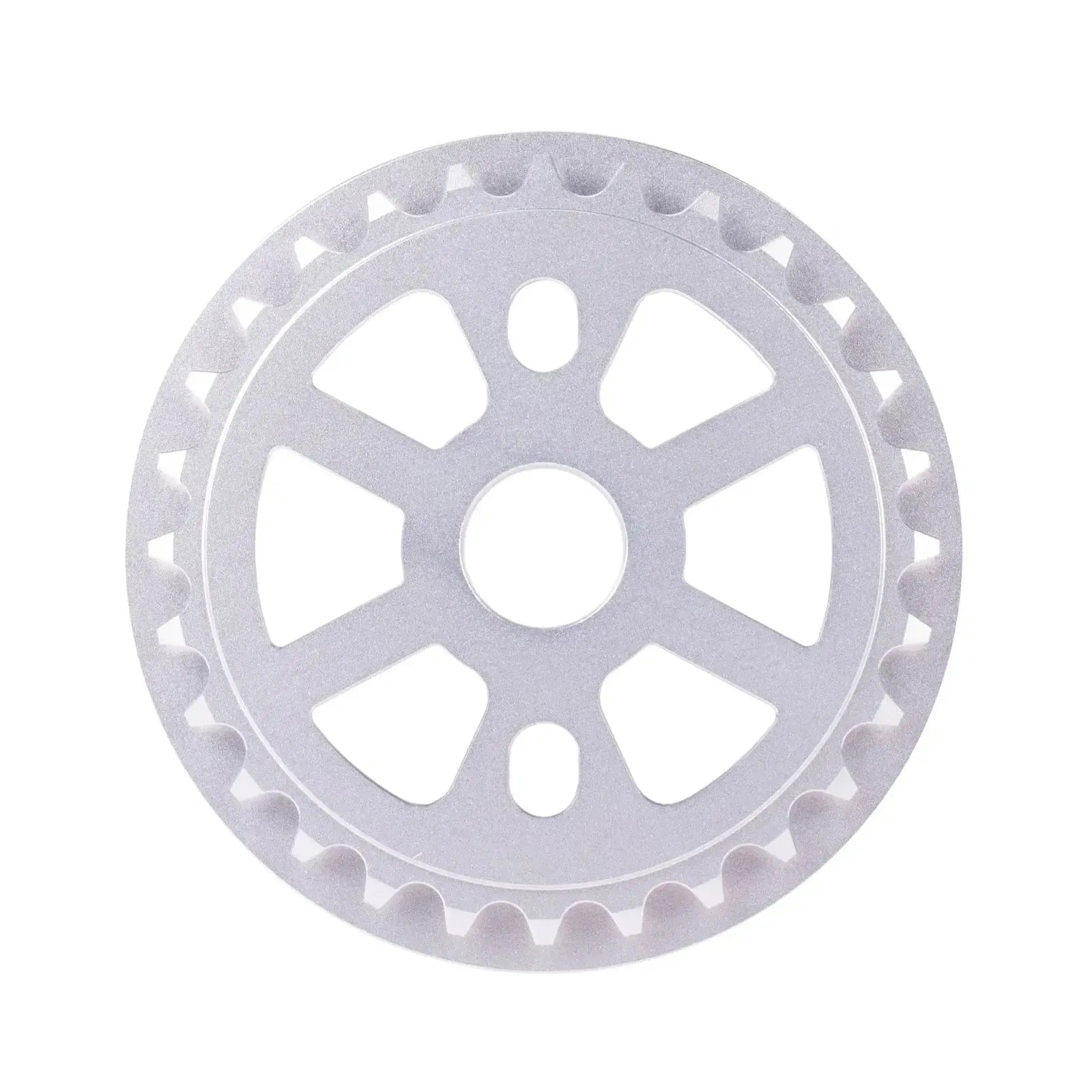 The cult-dak-guard-sprocket features six spokes, evenly spaced teeth, and is made from tough 7075-T6 aluminium with a sleek silver finish.