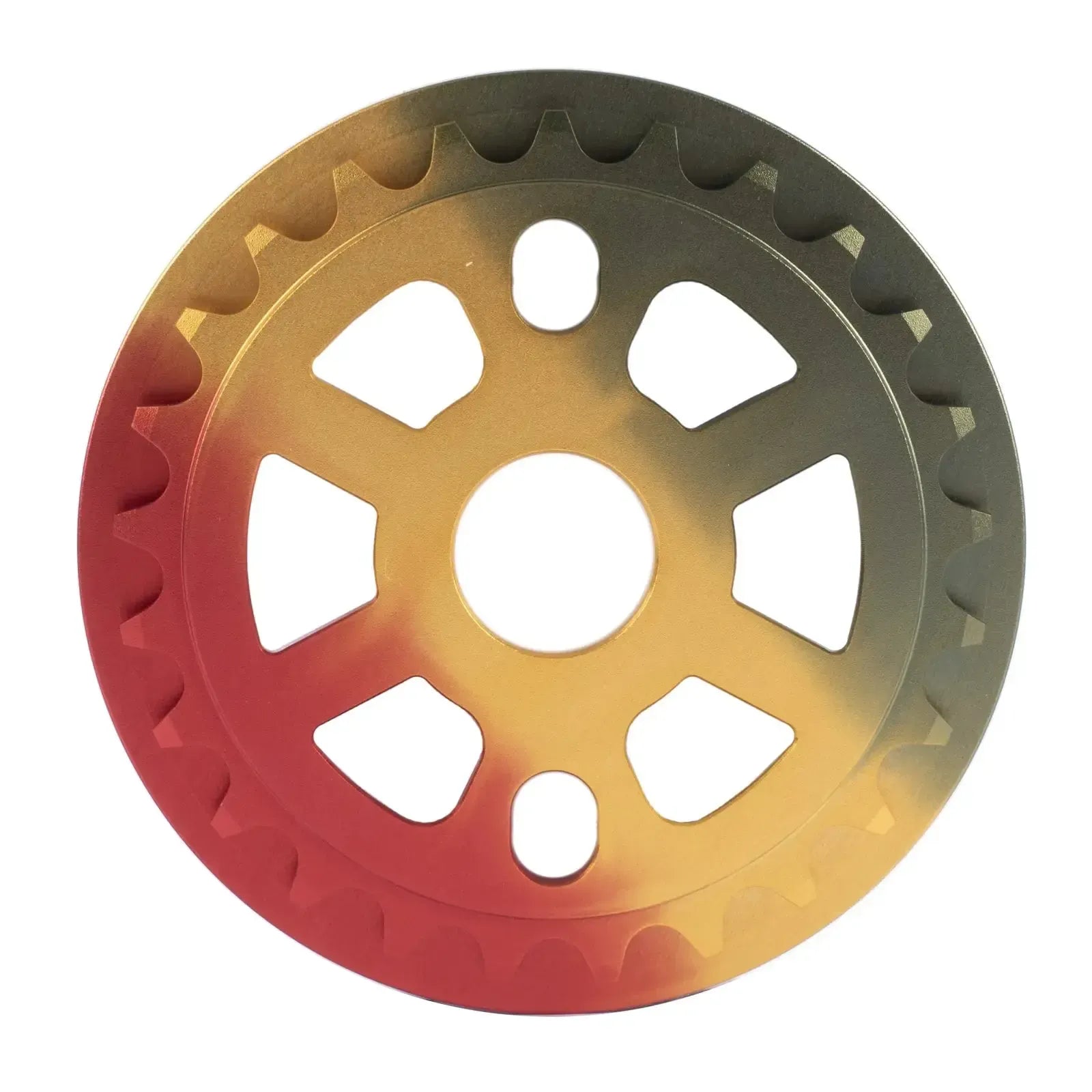 The cult-dak-guard-sprocket is made from durable 7075-T6 aluminium, features six spokes, evenly spaced teeth, and a gradient gold-to-red finish.