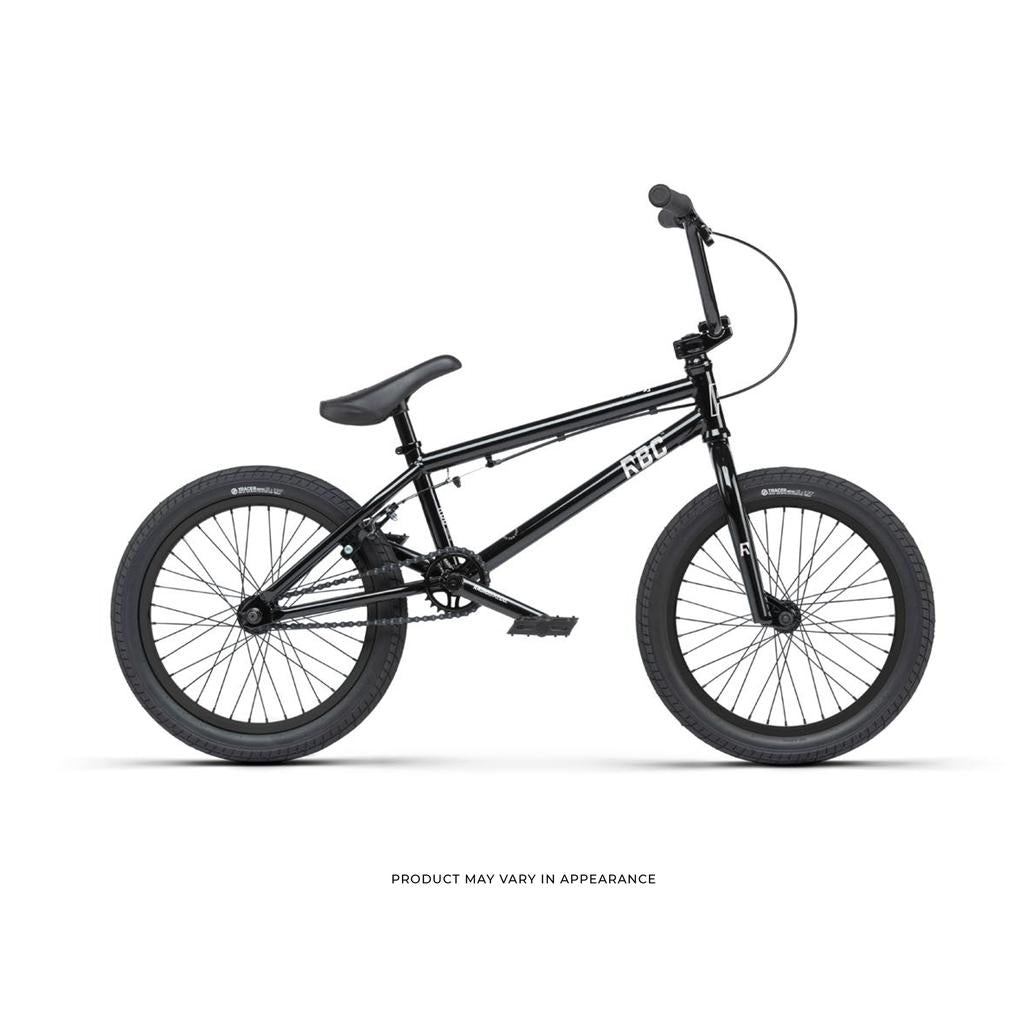 The Radio Saiko 18 Inch Bike, a black BMX for kids with straight handlebars and a compact frame, is displayed in side profile on a white background.