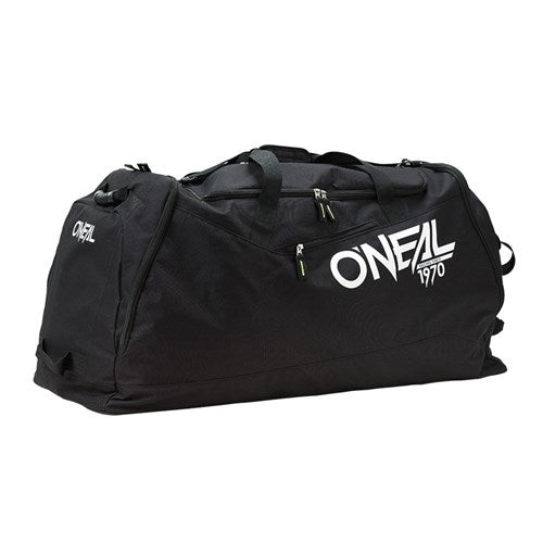 The Oneal TX800 Gear Bag in black, adorned with the "O'Neal 1970" logo, is made from durable polyester and equipped with multiple zippers and handles for versatile storage.