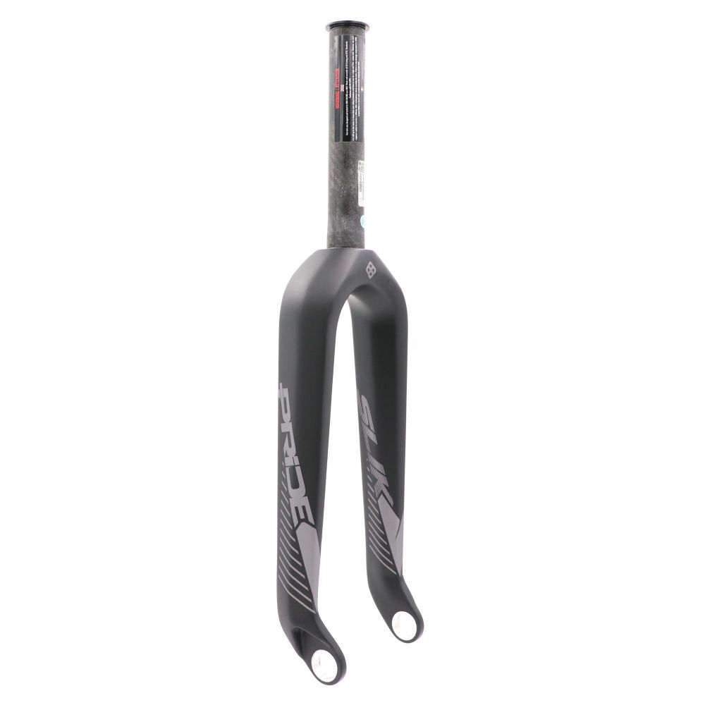 The Pride Slik 2.0 Expert 20 Inch 10mm Carbon Fork boasts a sleek black and gray design made from Torray T700S, featuring prominent branding and two dropout holes for seamless wheel attachment, making it ideal for any race bike.