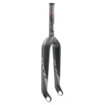 The Pride Slik 2.0 Expert 20 Inch 10mm Carbon Fork boasts a sleek black and gray design made from Torray T700S, featuring prominent branding and two dropout holes for seamless wheel attachment, making it ideal for any race bike.