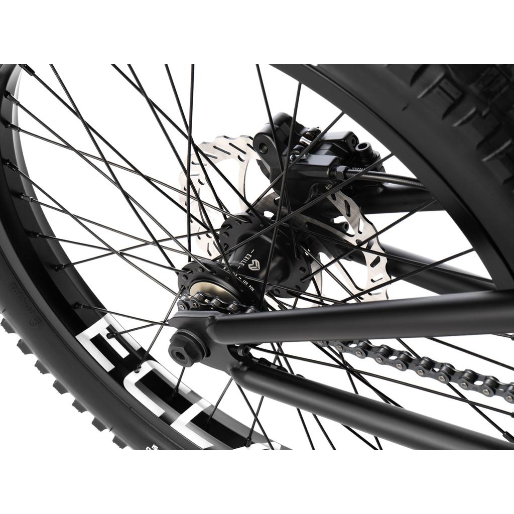 Close-up of a Wethepeople Swampmaster 20 Inch Bike rear wheel featuring a disc brake, a black hub, and a drive chain.
