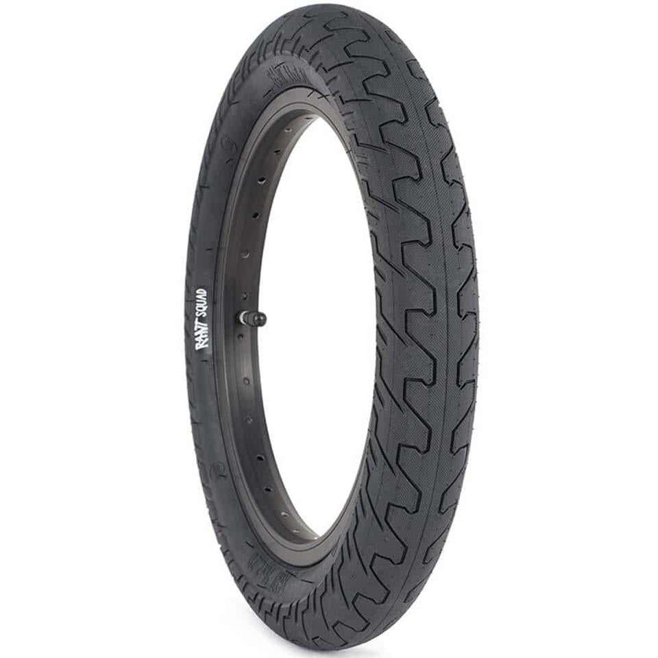 The Rant Squad 14 Inch Tyre, featuring an all-around tread and visible micro knurled surface, is shown upright against a white background.