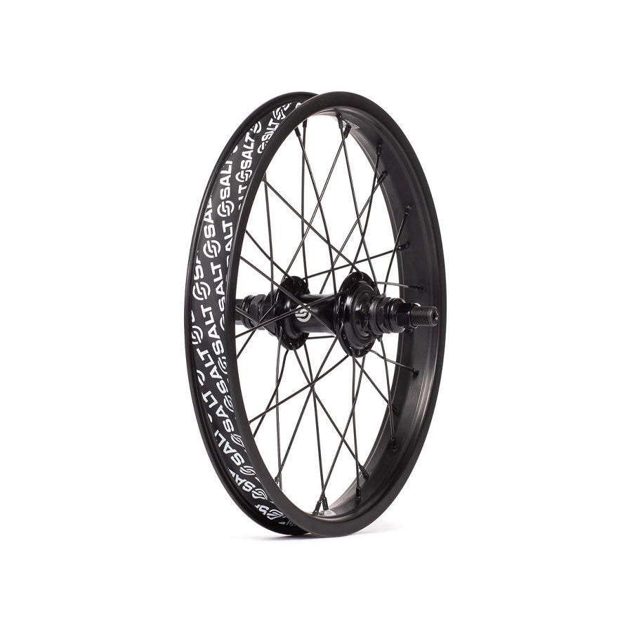 A Salt Rookie Cassette 14 Inch black bicycle wheel with white spokes on a white background, perfect as a replacement or upgrade for your current cassette.