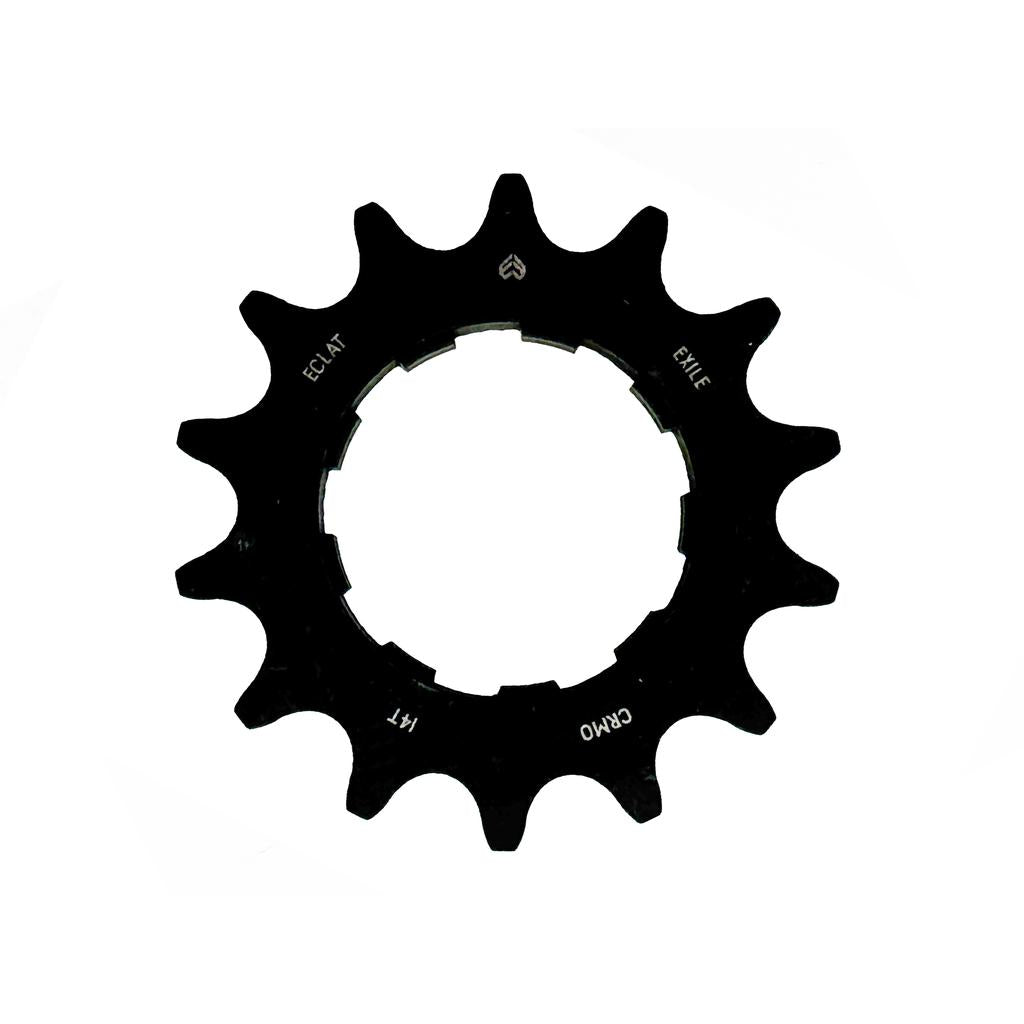 The Eclat Exile Chromo Cassette Rear Sprocket is a black metal BMX cog with 13 teeth, designed for Exile Cassette Hubs and compatible with Shimano HG-style fitment. Displayed against a white background.