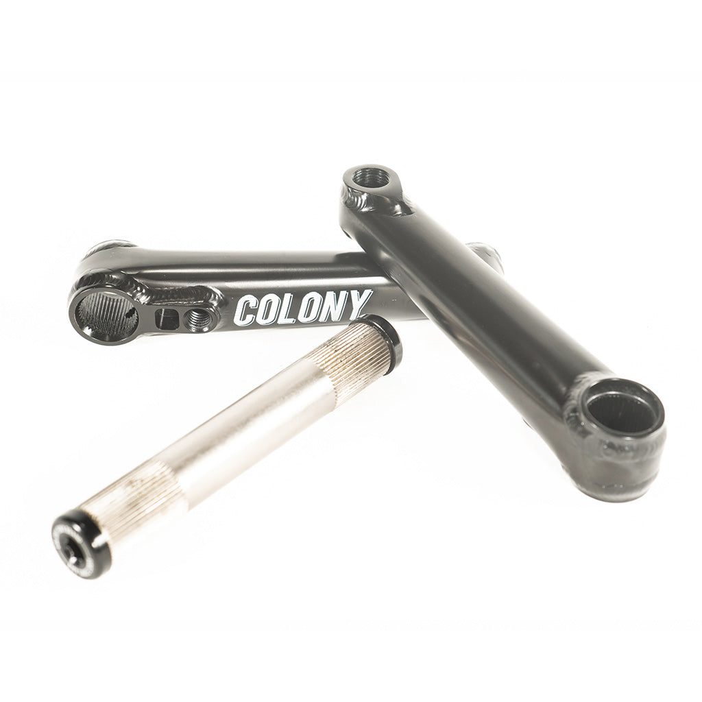 A pair of Colony Venator 140mm Cranks (Suit 18" Wheeled Bikes) with the word Colony meticulously emblazoned on them, demonstrating durability and the signature style of this exceptional brand.