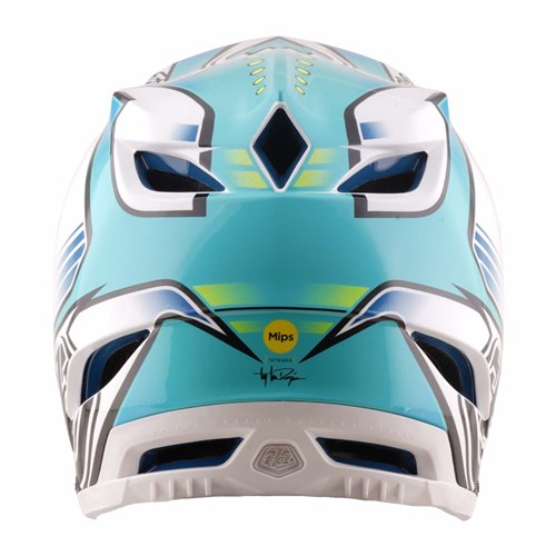 A rear view of the TLD 26.1 D4 AS Composite Helmet in Crest Real Teal shows teal and white colors, black and gray details, ventilation openings, a yellow Mips protection sticker, and a signature near the base.