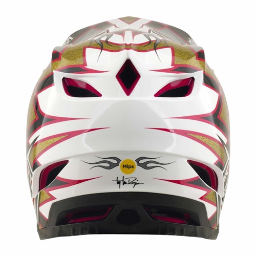 Rear view of the TLD 26.2 D4 Composite Helmet / MIPS Flush Black, a white mountain bike full-face helmet featuring red, pink, and gold patterns, ventilation holes, a “Mips” sticker indicating added Mips protection, and a signature near the bottom.