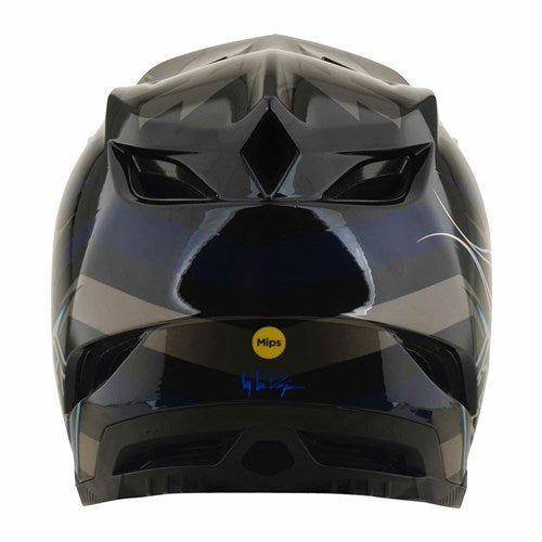 TLD 26.2 D4 Composite Helmet / MIPS Burst Grey featuring a black full-face design with angular vents, a reflective surface, and a yellow “Mips” safety sticker on the back for advanced Mips protection.