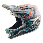 The TLD 25.2 D4 Composite Helmet MIPS Lowrider Grey is a full-face helmet with a vibrant geometric design, "Troy Lee Designs" visor branding, and advanced MIPS protection for superior safety.