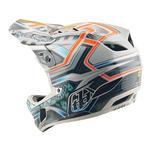 Side view of the TLD 25.2 D4 Composite Helmet MIPS Lowrider Grey, showcasing its geometric multicolor design and visor—ideal for downhill or BMX riding.