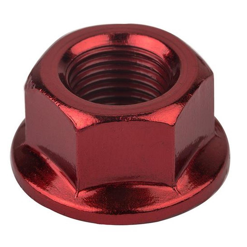 A pair of red metal MCS Axle Nuts with 3/8" 26TPI threading, designed for steel axles, shown on a white background. Ideal hardware from MCS Bicycles.