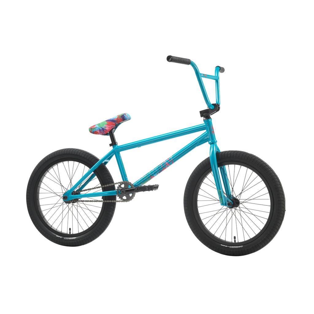 The Sunday Forecaster 20 Inch Bike (2025) / Aaron Ross is a blue chromoly BMX featuring black tires, a vibrant patterned seat, Odyssey components, and raised handlebars, displayed against a white background.