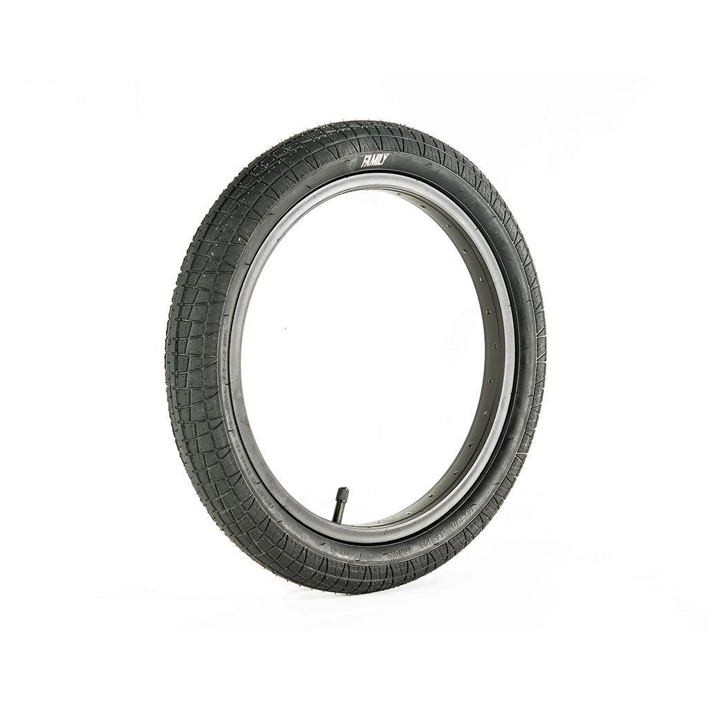 A black Family BMX F2128 16 Inch Tyre on a white background.