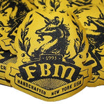A denim jacket adorned with FBM Woven Unicorn Patch.