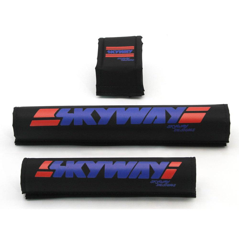 A set of SKYWAY USA Made Retro Pad Sets with the word Skyway on them, proudly made in the USA.