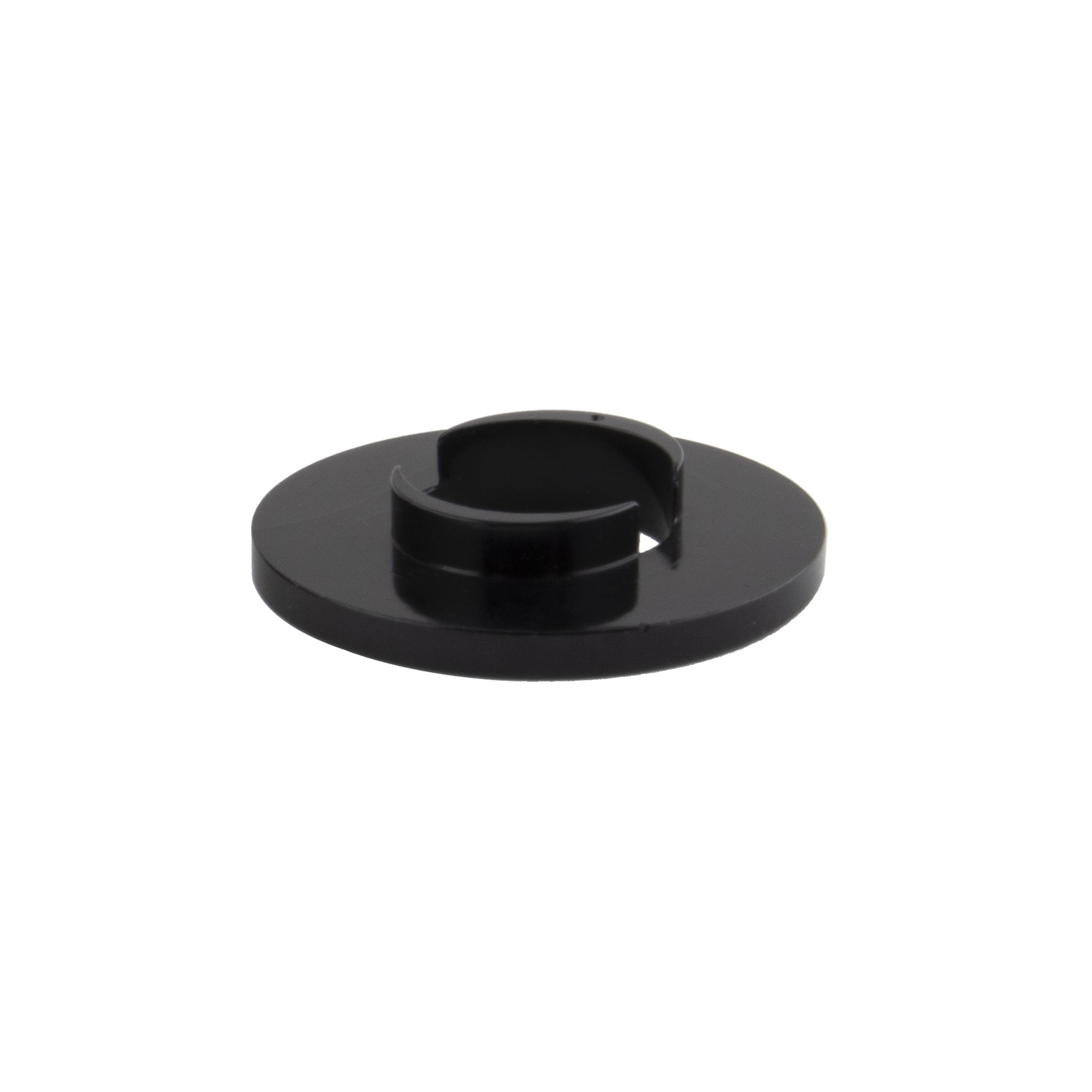 The Alienation Circle Jerks Chain Tensioner (14mm) is a black, circular plastic part with a raised center and top slot, designed to control chain slap in tensioners, shown against a white background.