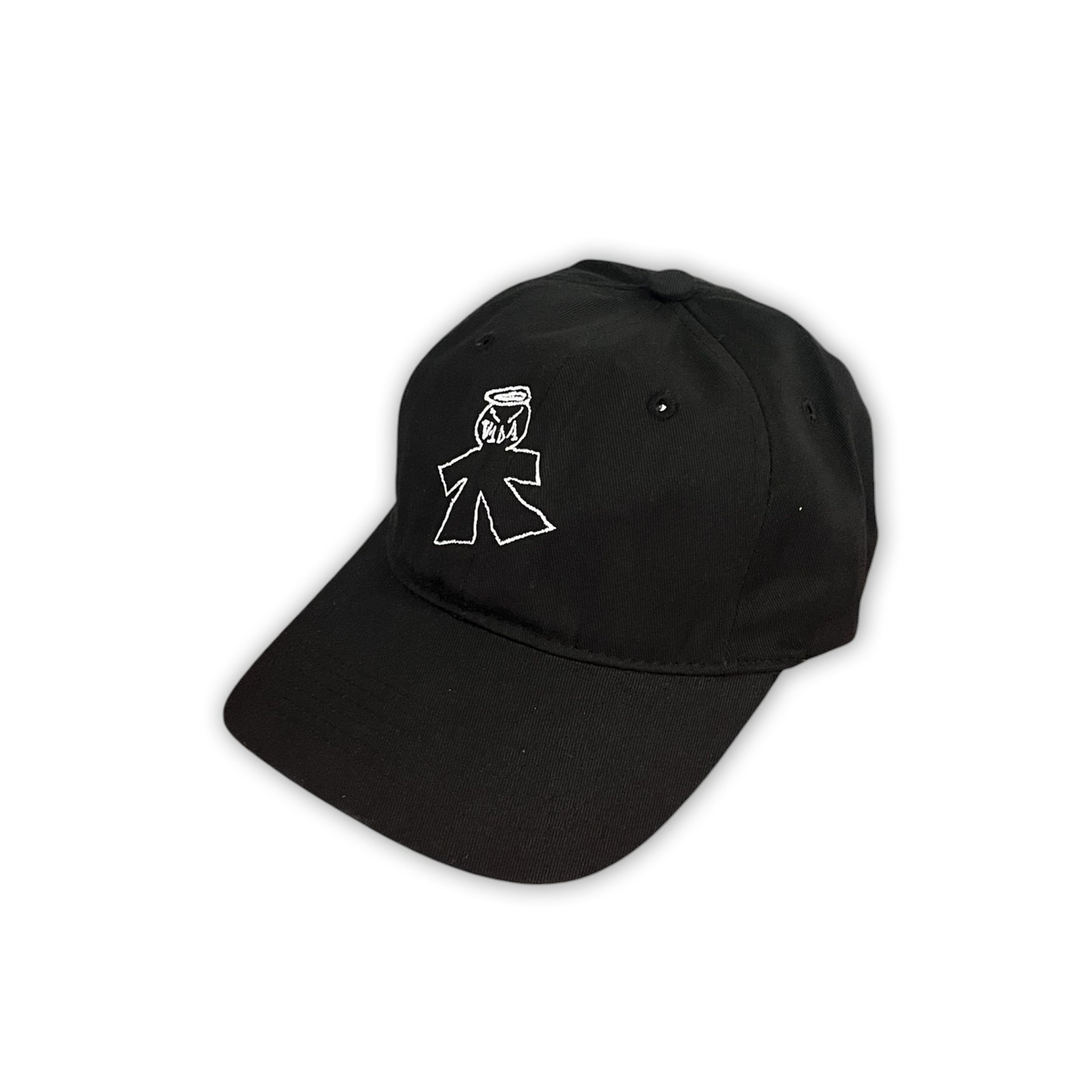 The V1da The Dad Cap is a black unstructured hat with a white embroidered stylized figure in a hat and suit on the front.
