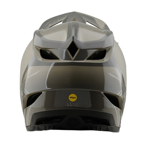 Rear view of the TLD D4 Polyacrylite Helmet (MIPS) in Shadow Timber, featuring ventilation slots and a durable Polyacrylite shell with a yellow MIPS logo for advanced brain protection.
