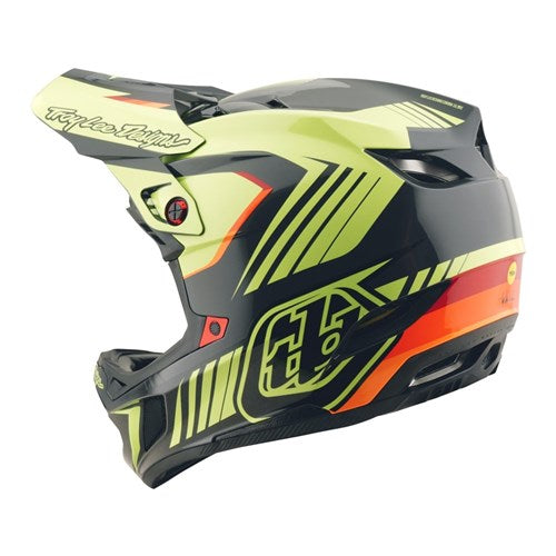The TLD 25.2 D4 Poly Helmet MIPS Qualifer in black and yellow features a full-face design, bold graphics, ventilation slots, visor, and advanced Mips protection for enhanced safety.