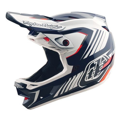 The TLD 25.2 D4 POLY HELMET MIPS QUALIFER BLUE/WHITE is a full-face mountain bike helmet with a visor, blue/white/red geometric design, "Troy Lee Designs" branding, and advanced Mips protection for enhanced safety.