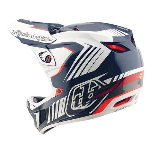 The TLD 25.2 D4 POLY HELMET MIPS QUALIFIER BLUE/WHITE features bold blue, white, and red graphics with a visor, shown from the left side and rear—perfect for motocross or mountain biking.