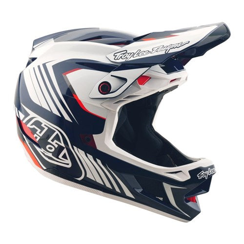 The TLD 25.2 D4 Poly Helmet MIPS Qualifer Blue / White is a full-face motocross helmet with a blue and white geometric design, Mips protection, extended visor, and prominent ventilation openings.