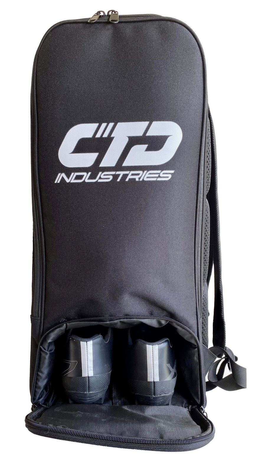 Black CTD Kit Bag with a white logo and a zippered bottom compartment containing a pair of black athletic shoes.
