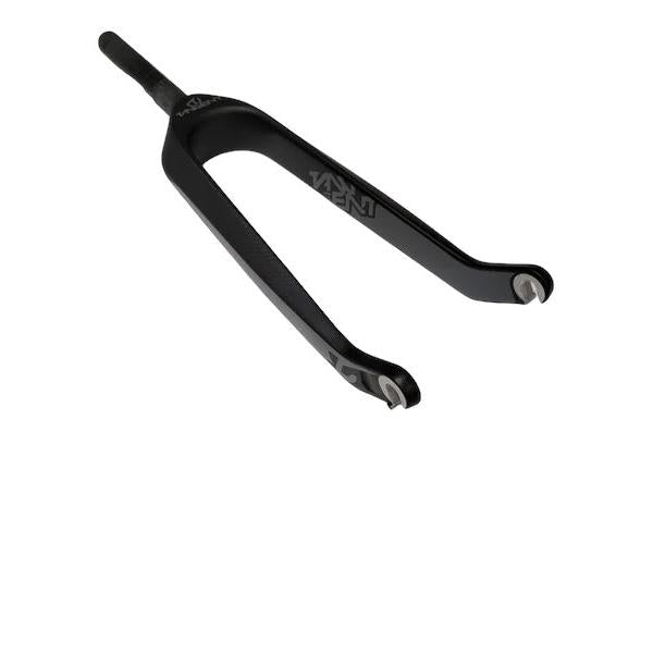 The Tangent Mini 20 Inch 10mm Carbon Fork, featuring a black carbon fiber construction with a tapered 1-inch steerer tube and dual dropouts, designed for BMX junior expert frames, is displayed against a white background.