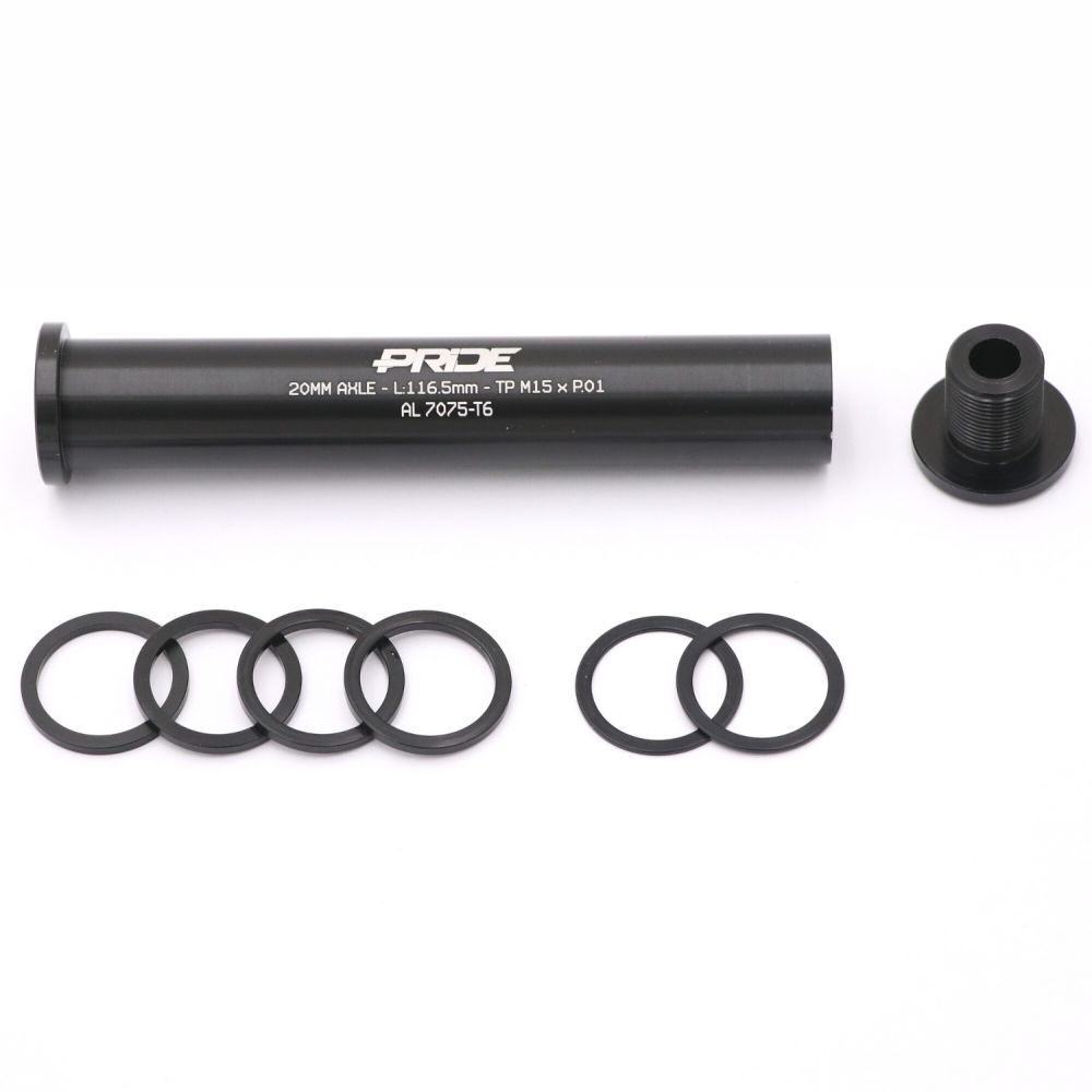 The Pride 20mm x 116.5mm axle, featuring printed specifications, is showcased on a white background with six black O-rings and an end cap.