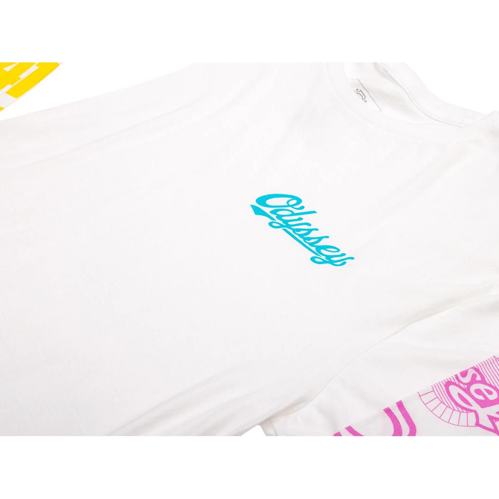 The Odyssey History Long Sleeve T-Shirt features “Odyssey” in blue on the chest and pink graphics on the right sleeve—a fresh essential for your closet.