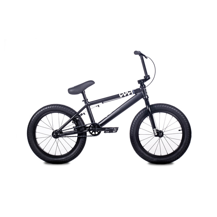 The Cult Juvi 18 Inch Bike, shown in profile against a white background, features thick tires, a padded seat, straight handlebar, and a lightweight aluminum frame—ideal for young BMX riders.