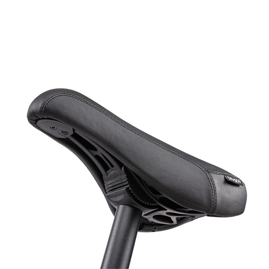 A close up view of a black Wethepeople Justice 20 BMX Bike bicycle seat.