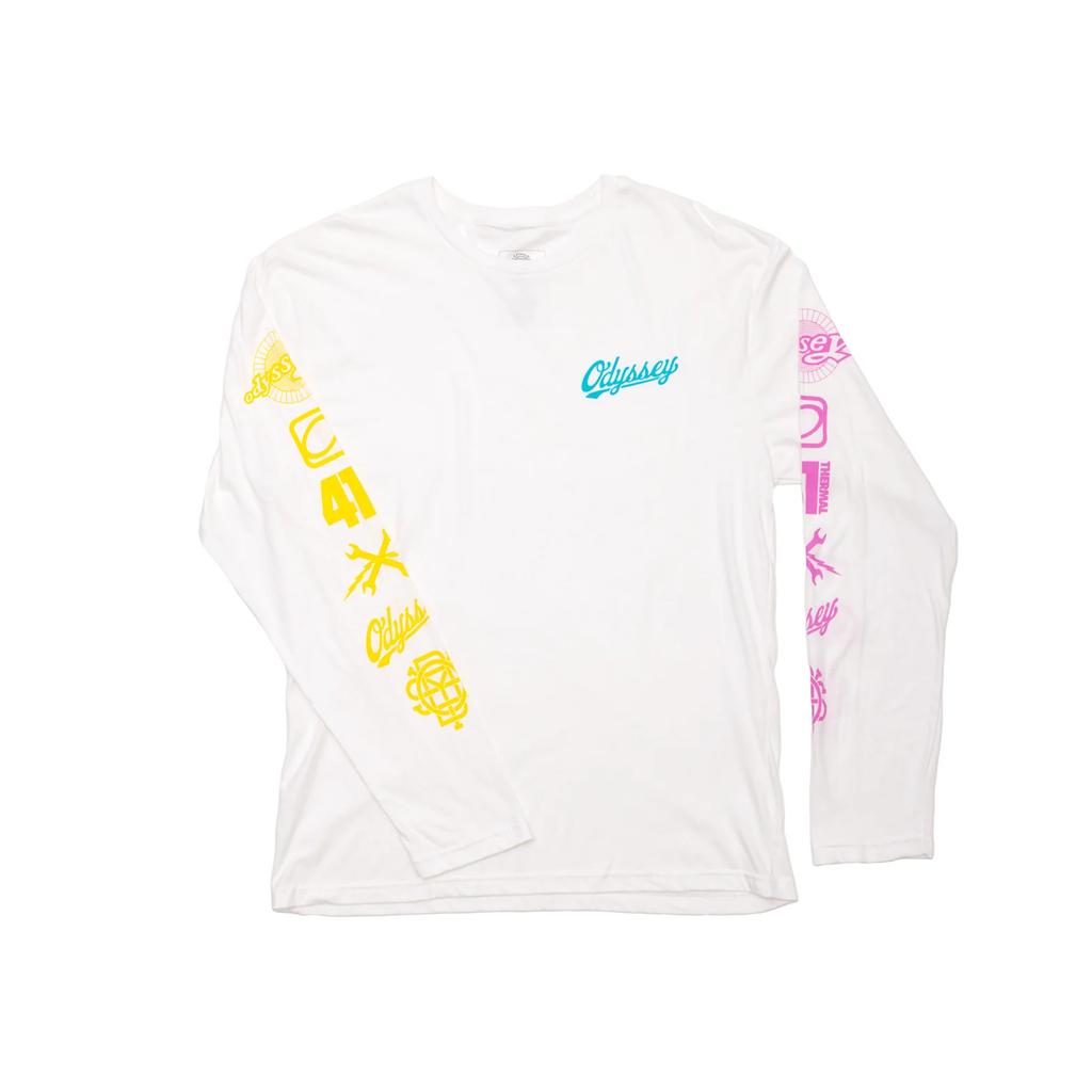 The Odyssey History Long Sleeve T-Shirt features the "Odyssey" chest logo, yellow left sleeve and pink right sleeve graphics—ideal for adding standout style to your wardrobe. Shown on a white background.